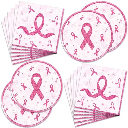 48Pcs Breast Cancer Party Decorations Include Plates Napkins Guests Cancer Free Party Decorations Serve 24 Guests Breast Cancer Party Supplies