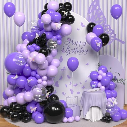 Image of Purple Black Balloon Arch Kit 63 Pcs, Purple & Black Balloons Garland Kit for Birthday Decoration, Wedding, Anniversary, Baby Shower, Valentine & Welcome Party Supplies