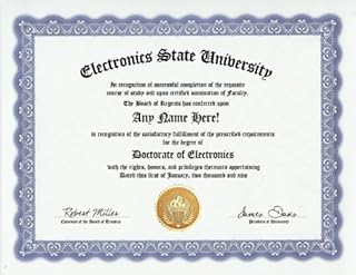 Electronics Degree: Custom Gag Diploma Doctorate Certificate (Funny Customized Joke Gift - Novelty Item)