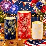4th of July Candles, 2026 New Celebration Firework Lanterns, Set of 3 Celebration Hurricanes, Premium Patriotic Red White and Blue Flameless Candles for July 4th, Year-Round Decor (B-1Sets)