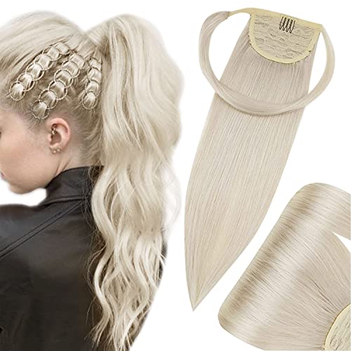 Hetto Blonde Ponytail Extension Human Hair 12 Inch 70g One Piece Clip in Ponytail Hair Extensions Human Hair #60 Platinum Blonde Wrap Around Ponytail Human Hair