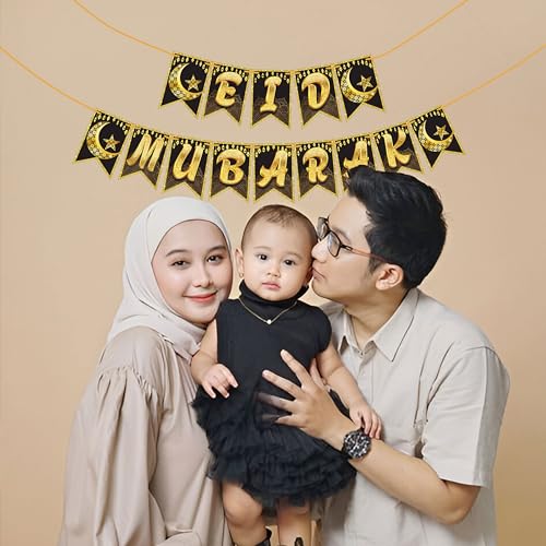 Image of WOBBOX Eid Mubarak Beautiful Golden Color Moon Bunting Banner, Ramadan Decoration Items, Eid Mubarak Decorations