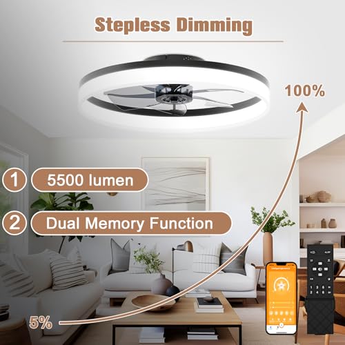 Image of VOLISUN Low Profile Ceiling Fan with Light and Remote, 23.6in Flush Mount, Dimmable LED Fan Light, Bladeless for Bedroom (Black)