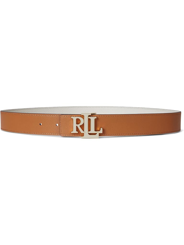 White Lauren Ralph Lauren Logo Reversible Pebbled Leather Belt