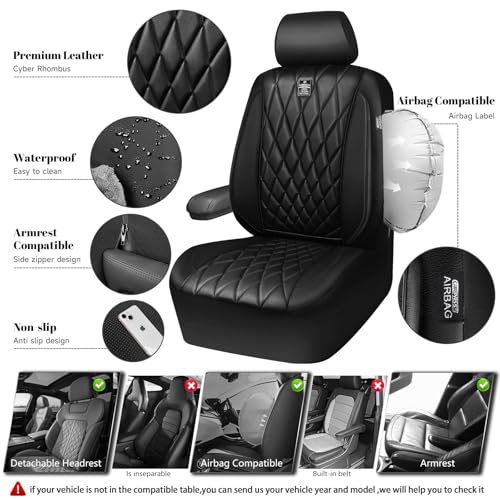Image of CAR PASS Piping Luxury Faux PU Leather Two Front Car Seat Covers, Waterproof Anti Slip Seat Covers Compatible with Front Seat Armrests,Universal Fit for Suvs,Vans,Trucks, Airbag Compatible(All Black)