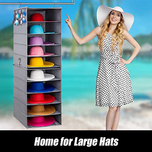 LADYBRO Large Hat Storage for Closet Hanging Organizer for Wide Brim 10 Shelf Oversized Racks Sunhat Cowboy Fedora Floppy Collection Box Container Display Big Brimmed Holder Space Saver Organization - Thumbnail 7