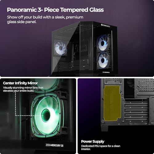 Image of Zebronics Cube Gaming PC Cabinet, mATX /ITX Support, 360mm Radiator Support, Mention 3 x 120mm ARGB Fans, 2 x Reverse Blade, Panoramic 3 Piece Temper Glass, Dual Chamber, Bottom Mount PSU (Mercury 25)