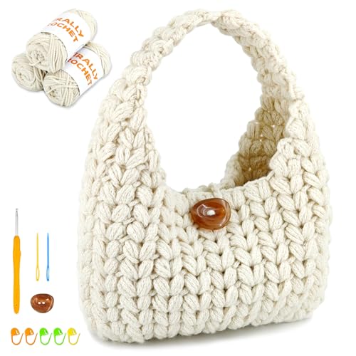 Herally Crochet Kit DIY for Beginners - Include Yarn Hook and Accessory - with Step by Step Video Tutorials - Wheateat Hobo Bag (Beige)