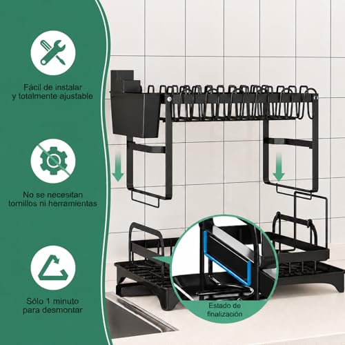 Image of DAHAN Dish Drying Rack Stainless Steel Over Sink 2 Tier Dish Drying Rack with Automatic Drainage System, Utensil Holder and Cutting Board, Cup Rack, Suitable for Kitchen