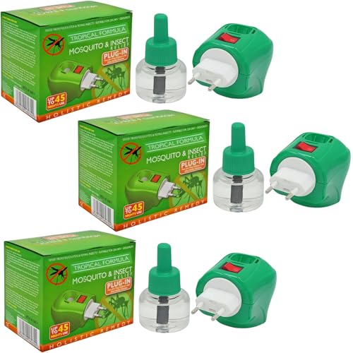 Plug-in Mosquito Repellent Insect Killer for Home & Travel Lasts for up to 45 Nights per Refill | Each Pack Includes a Plug and one Bottle for Long Lasting Performance | (3 3 Pack)