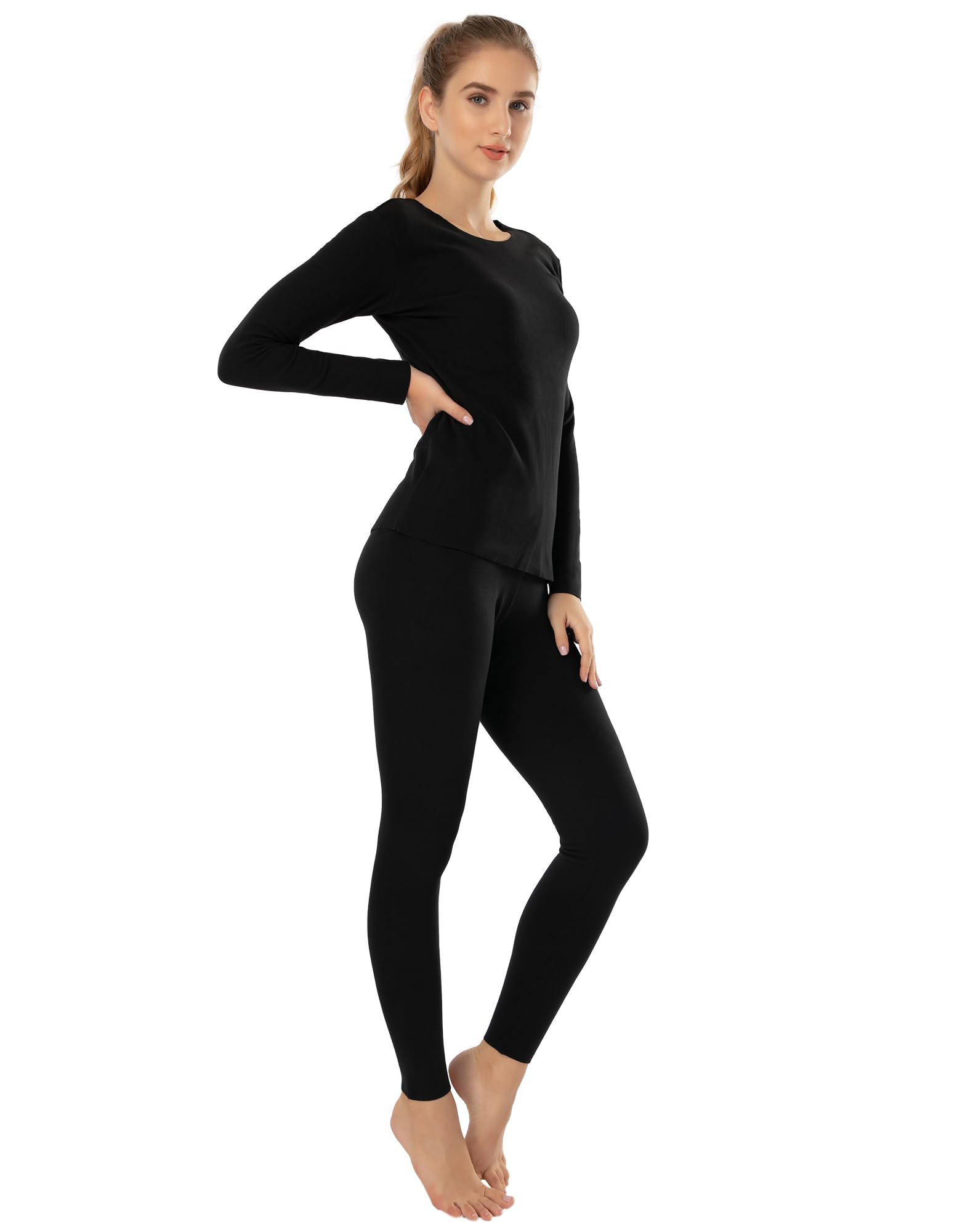 thermal underwear for women long johns top & bottom fleece lined base layer leggings set, black, large