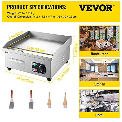 VEVOR 14" Electric Countertop Flat Top Griddle 110V 1500W Non-Stick Commercial Restaurant Teppanyaki Grill Stainless Steel Adjustable Temperature Control 122°F-572°F, Sliver VEVOR 14" Electric Countertop Flat Top Griddle 110V 1500W Non-Stick Commercial Restaurant Teppanyaki Grill Stainless Steel Adjustable Temperature Control 122°F-572°F, Sliver