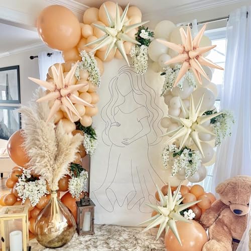 Image of TONIFUL 8 Pcs Cream White Caramel Explosion Foil Star Balloons Party Decor | 22 Inch Large Mylar Star Balloon for Fall Party Decor Boho Birthday Wedding Bridal Shower Neutral Baby Shower Engagement
