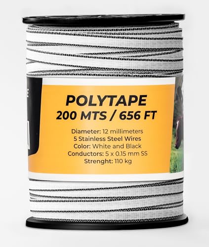 TRAE Electric Fence Polytape 656 Feet (200 Meters) | 5 Stainless Steel Strands for High Conductivity & Rust Resistance | 12mm UV-Resistant Electric Fence Tape for Horses Livestock & Farm Use