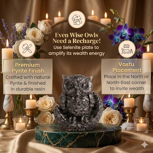 Image of Pyrite Owl with Moon Base (Maa Laxmi Ji Vahan & Shani Dev Priya) for Dhan Wealth Protection | Vastu Feng Shui Money Attraction Owl | Home Office Decor Good Luck Gift
