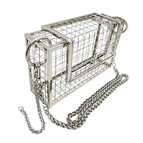 Women Cage Metal Evening Clutch Purse, Silver Crossbody Shoulder Bag for Women with Strong Chain Strap (Silver)