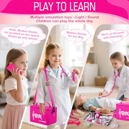 Sundaymot Arztkoffer Kinder ab 3 Jahre, 34 PCS Tragbare Doktorkoffer mit Stethoskop, Thermometer, Holz Spritze und Tragbare Arztkittel, Rollenspiel Spielzeug Geschenk für Mädchen Jungen ab 3+ Jahre