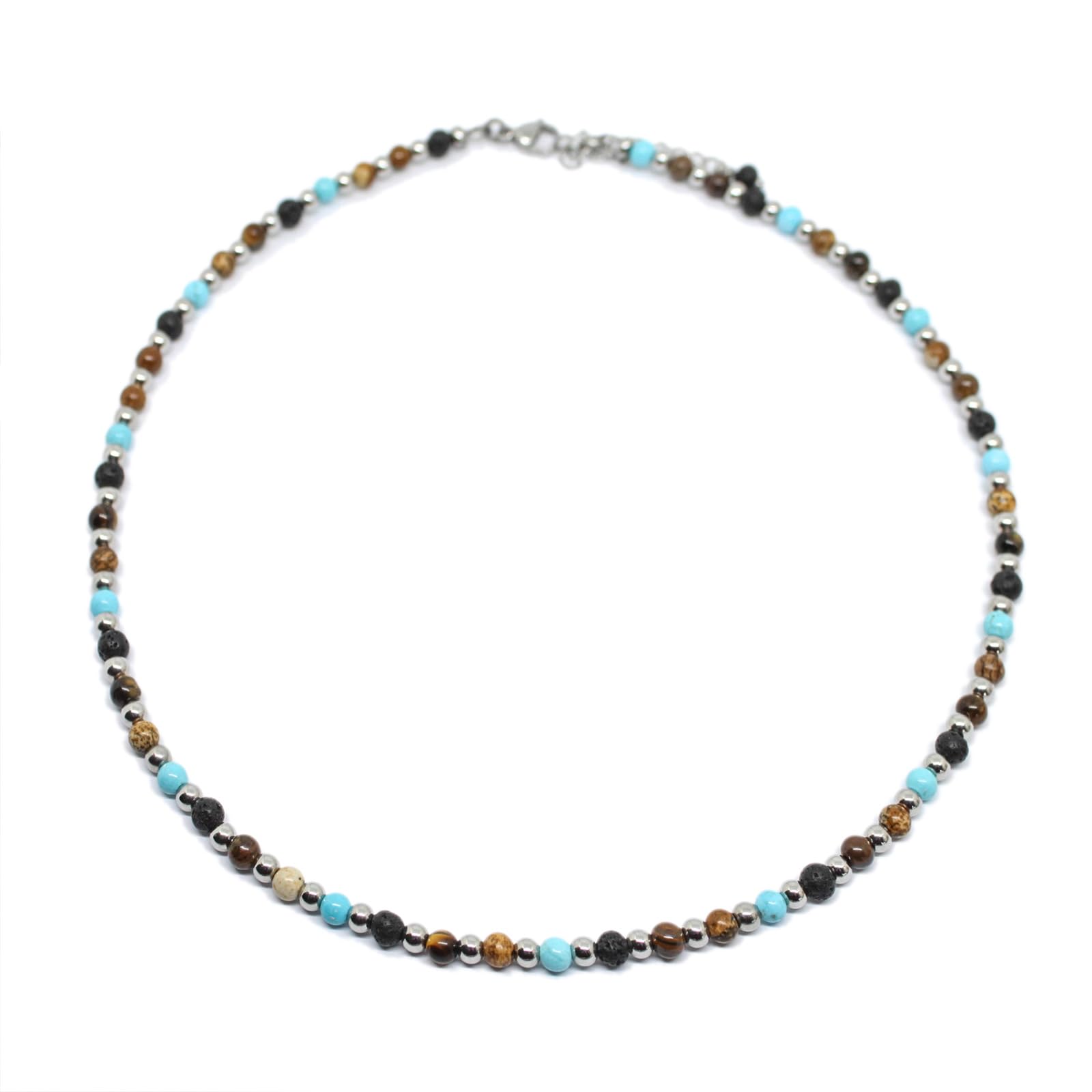 Collana Uomo Pietre Dure Naturali Pietra Lavica Occhio di Tigre Diaspro Turchese