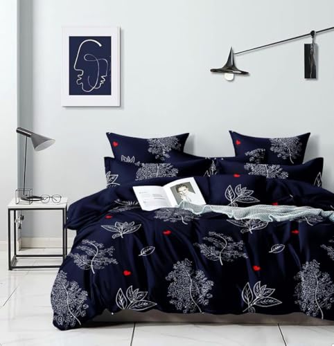 Image of Castiqa Elastic Fitted Supersoft Premium Polycotton 200TC King Size Bedsheet with 2 Pillow Covers (Fits up to 8 Inches Mattress) (Navy Tree, 72x78x8 Inch)
