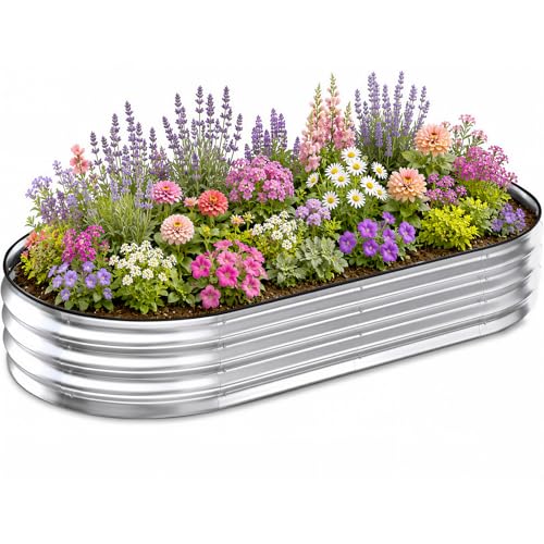 Image of NEWBULIG Galvanized Raised Garden Bed Outdoor, 8x4x1ft Metal Planter Box for Vegetables Flowers Herbs, Heavy-Duty Oval Raised Flower Bed for Gardening, Open Bottom, Easy Assembly, Safe Edges