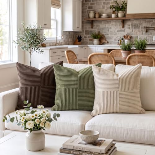 Image of Fancy Homi 2 Packs Olive Green Big Decorative Throw Pillow Covers 24x24 Inch for Living Room Couch Bed, Rustic Farmhouse Boho Home Decor, Soft Corss Corduroy Patchwork Accent Cushion Case 60x60 cm