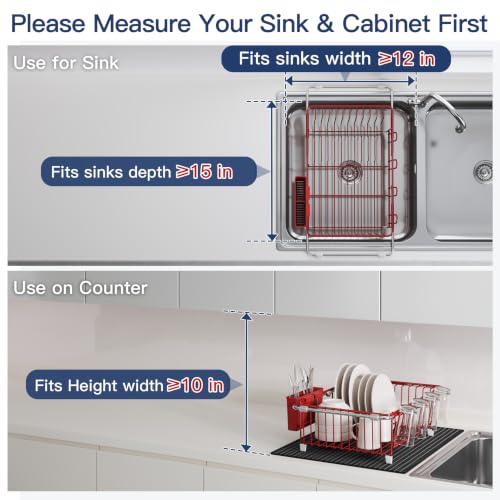 Image of JASIWAY Red Dish Drying Rack in Sink with Mat, Cups and Utensil Holder