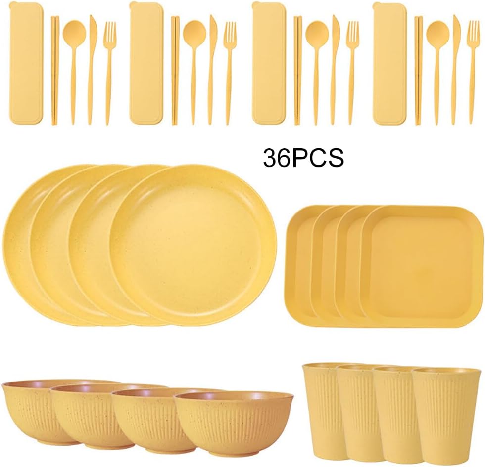 Wheat Straw Dinnerware Sets, 36pcs Dishes Dinnerware Sets, Lightweight Dish Reusable Dinner Plates Kids Plates Bowls Knife Fork Spoon Sets for Portable Kitchen Camping Tableware (Yellow)
