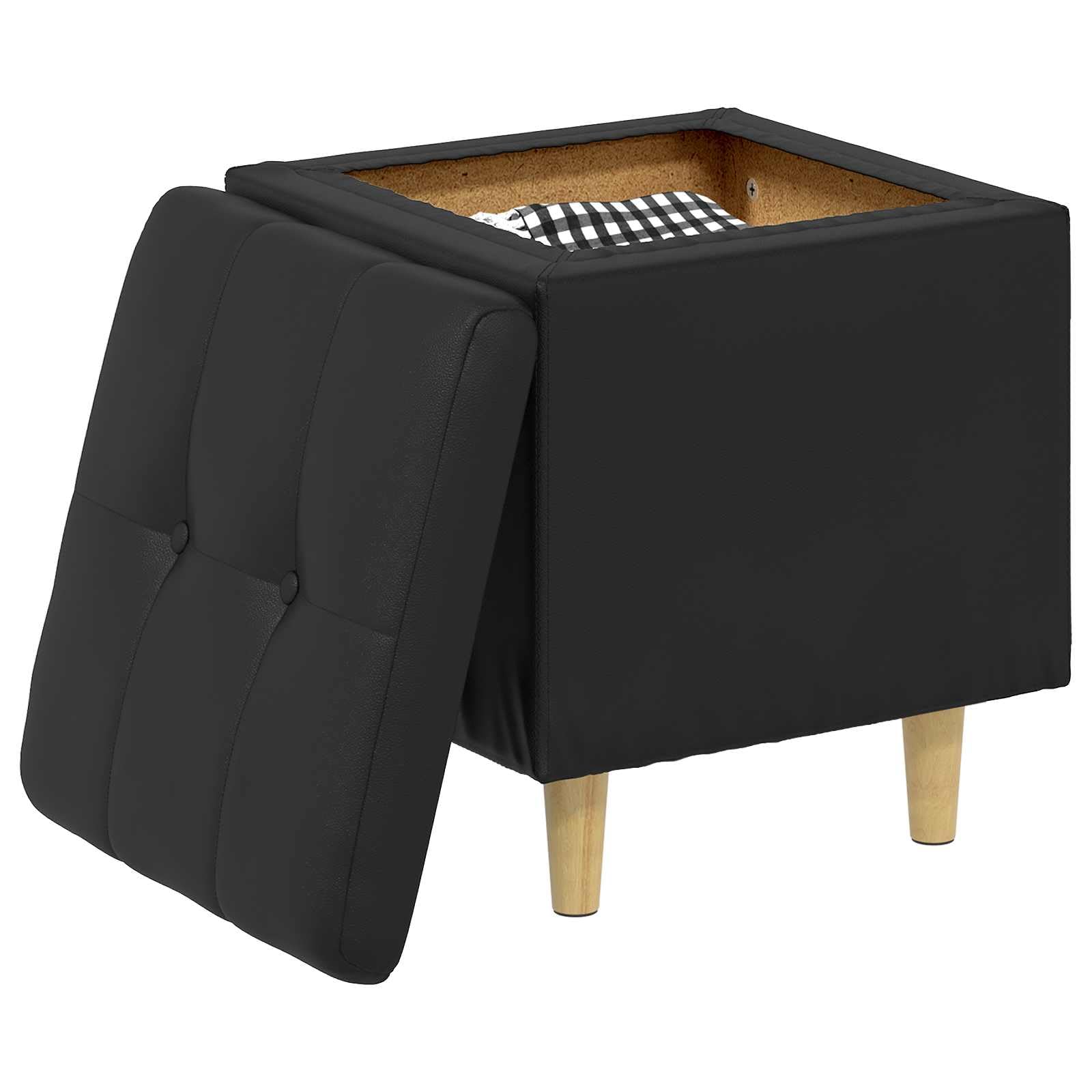 Sottomano nero, 40 x 40 x 45 cm, in ecopelle, con vano portaoggetti, imbottito, gambe stabili, versatile, per soggiorno, cucina, salotto, feste, gastronomia, salvaspazio