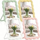 ELFULLY 4 Pack Table Vanity Makeup Mirror, Wave Shaped Desk Mirror with Stand, Small Portable Folding Mirrors, Tabletop Adjustable Travel Mirrors, Hanging Bathroom for Shaving, 4 Colors, 6.7' × 5.2'