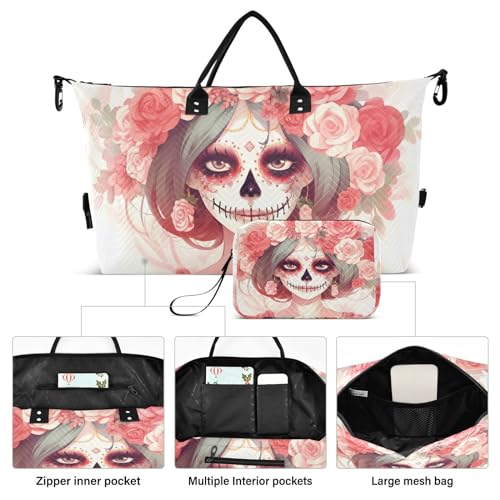 Large Travel Duffel Bag, Mexican Floral Skull Sports Tote Gym Bag, Shoulder Weekender Overnight Bag for Women Men, Carry On Luggage with Toiletry Bags2