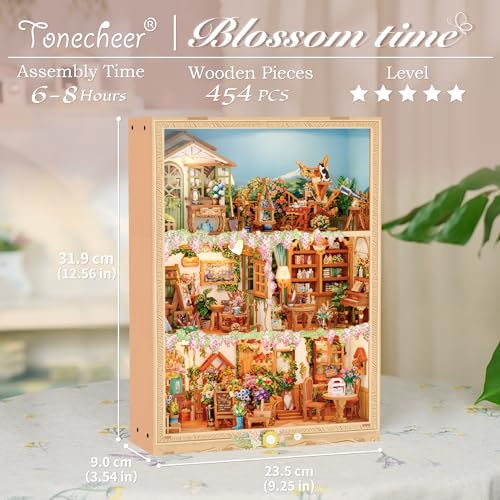 Image of Tonecheer DIY Miniature House Kit, Book Nook Dollhouse Story Frame Kit Wooden 3D Puzzle, Wall Mountable Decor Diorama Model with Dust Cover and LED for Ideal Gift - Blossom Time