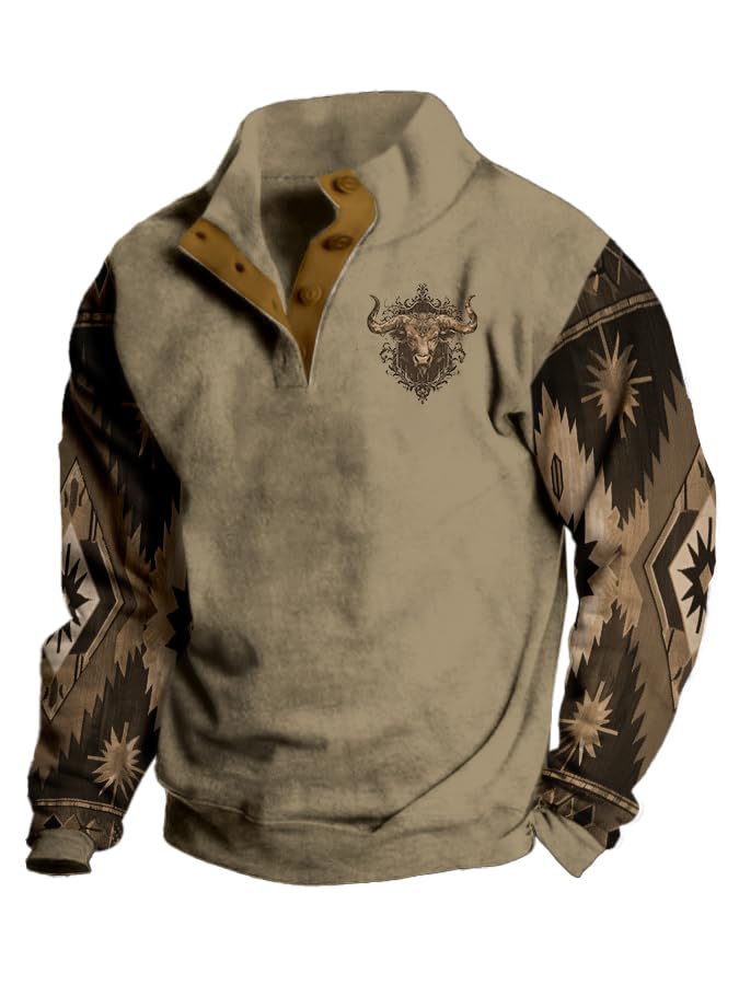 Men's Western Sweatshirts Aztec Cowboy Vintage Graphic Sweatshirts Casual Long Sleeve Button Up Pullover Sweater