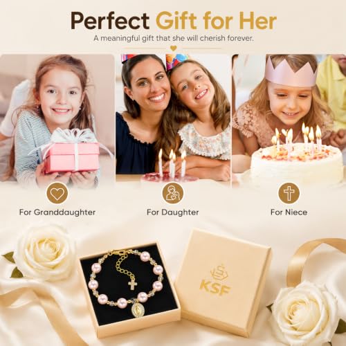 KSF Kids Pink Pearl Beads Bracelet - 14K Gold Plated Virgin Mary Bracelet - image 4