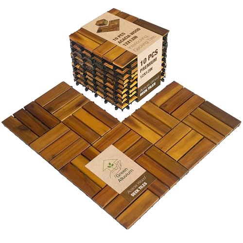 10 pcs Premium Acacia Wood Interlocking Decking Tiles – Weatherproof Patio Flooring Outdoor – Interlocking Deck Tiles for Balcony, Backyard, Garden & Poolside, All-Weather Use (Golden Teak Finish)