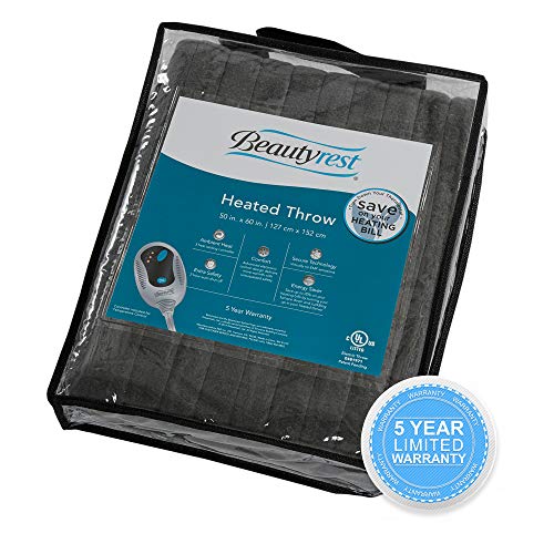 Beautyrest Fleece Electric Blanket Heated Throw Wrap Super Soft Hypoallergenic With Auto Shutoff-3-Setting Controller, 50 X 60 In, Grey #TOP5