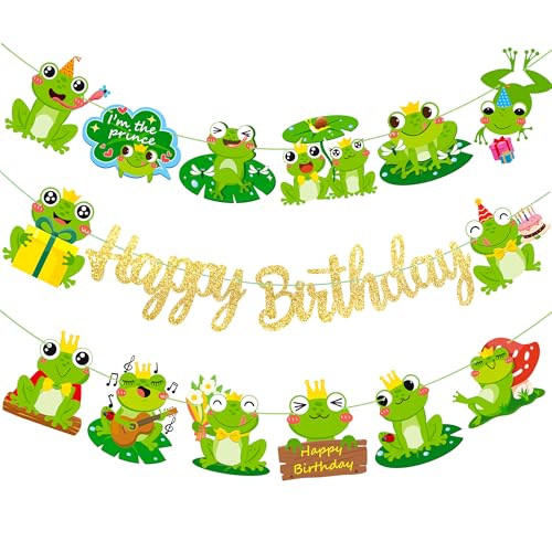 Frog Birthday Banners 3PCS Frog Birthday Party Supplies Gold Frog Themed Happy Birthday Banners Frog Princess Party Decor for Im the Prince Baby Shower Decorations