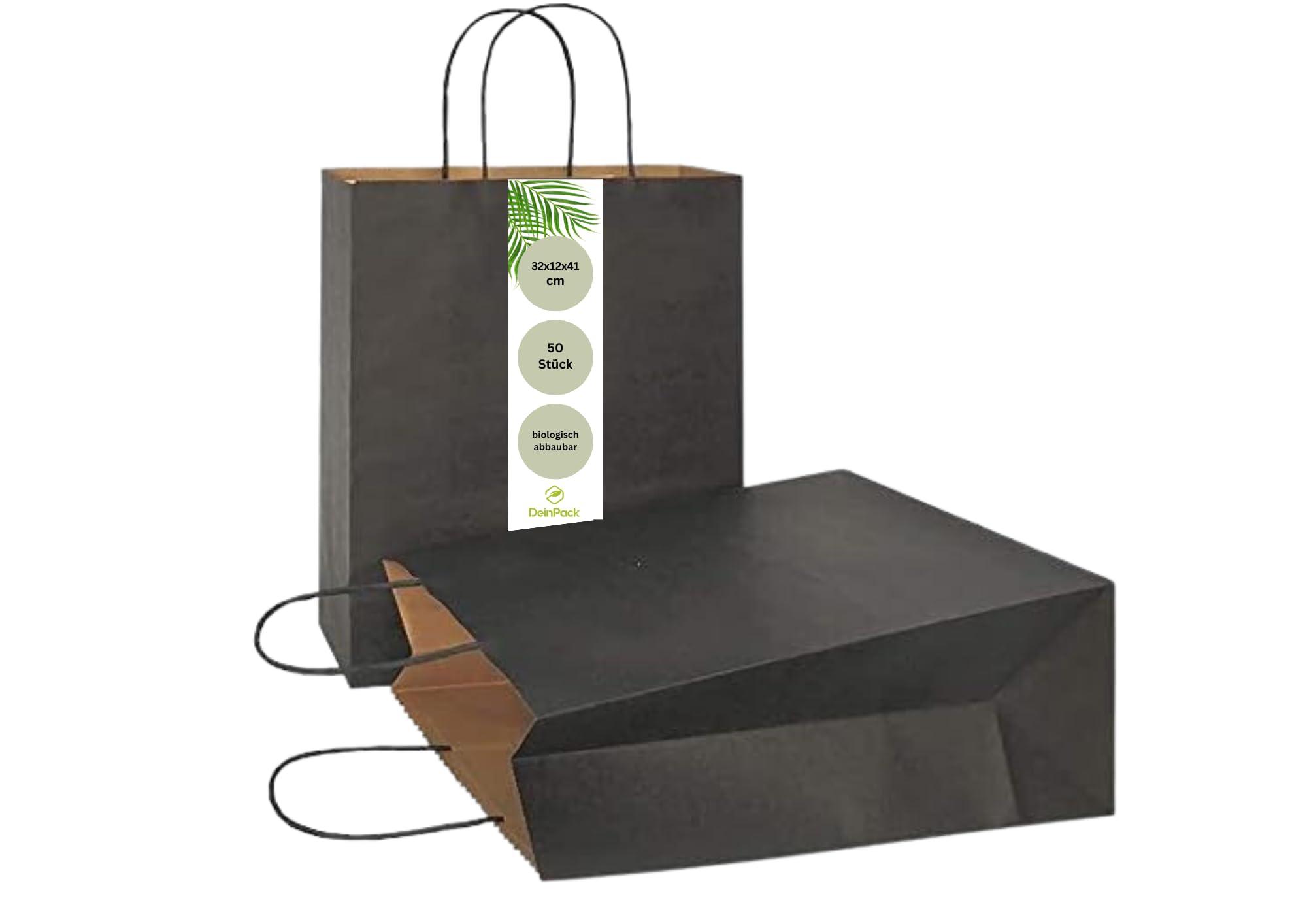 DeinPack 50 Papiertüten 32 x 12 x 41 cm aus Kraftpapier, Papiertüten mit Henkel, Geschenkverpackung, Geschenktüten, Gastgeschenke Tüten, Mitgebseltüten, Geschenktüten Set - schwarze Papier Tüten