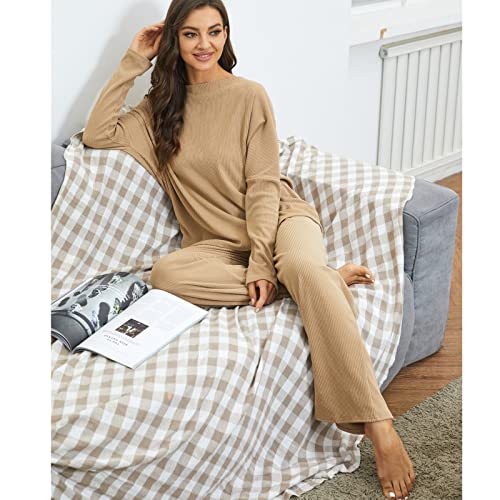 Xaspee Women's 2 Piece Corduroy Wide Leg Sweatsuit Sets Batwing Sleeve Loose Top and Pants Knit Loungewear Outfits4
