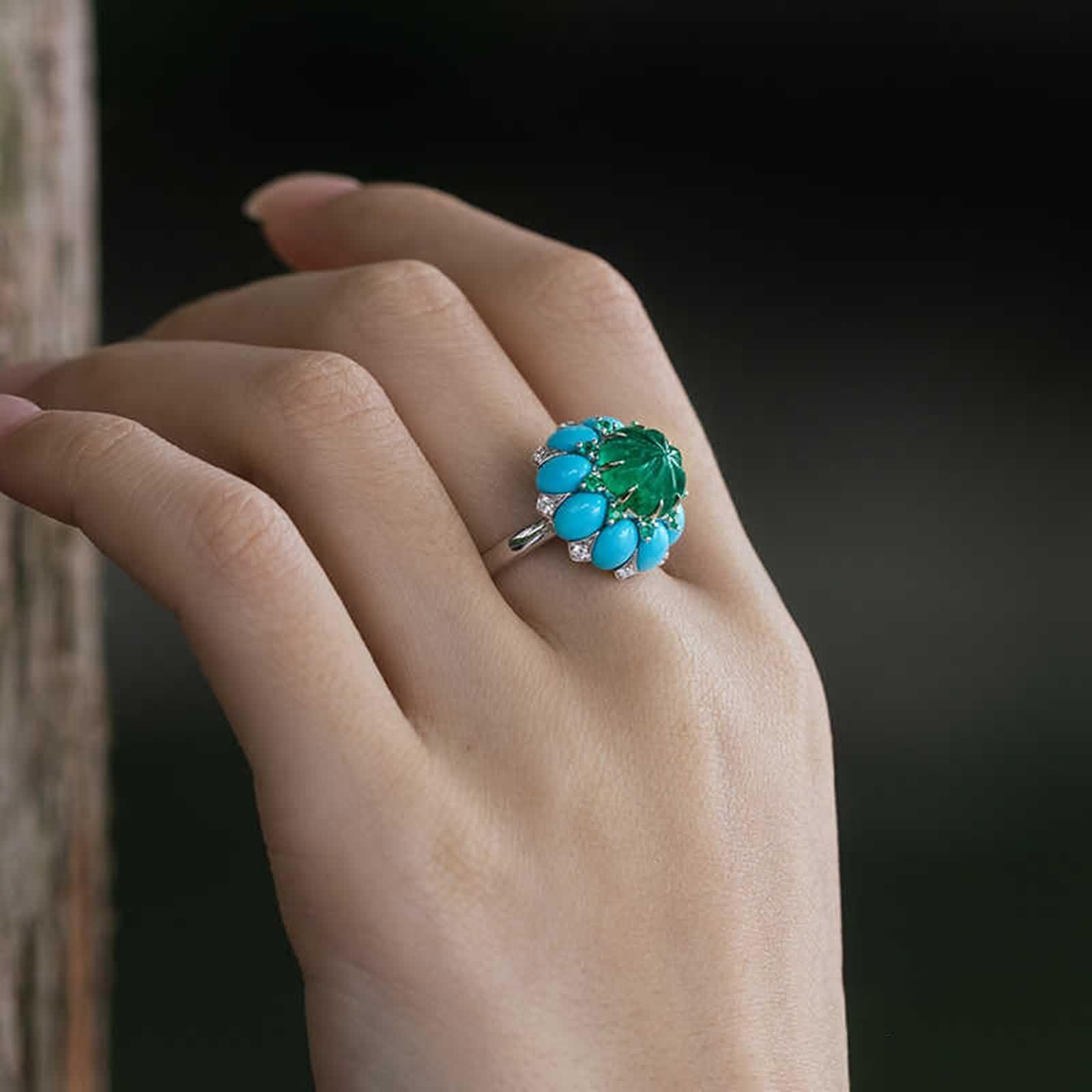 KnSam Echtgold Schmuck 9K/14K/18K Weißgold Antragsring, 3.99ct Labor Erstellt Smaragd Trauringe Blumen Unregelmäßige Form Grün, Ring mit Türkis 18/14/ 9 Karat Gold, Gr.47-70