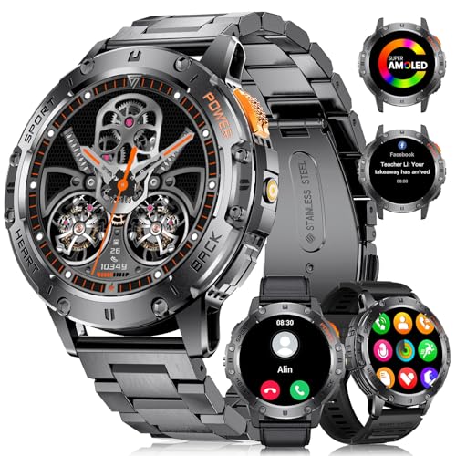 LIGE Reloj Inteligente Hombre con LED Linterna,3 cinturini,530 mAh,1.43" AMOLED Smartwatch para Android iOS,5ATM Impermeable,24H Frecuencia Cardíaca,Llamadas Bluetooth,300+ Watch Faces Smart Watch