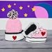 Hand Knitted Baby Girl Matching Pink Set Booties & Beanie - Organic Baby Outfit, Customizable, Soft Sole Crochet Newborn Sneakers, Baby Pink Handmade Hat