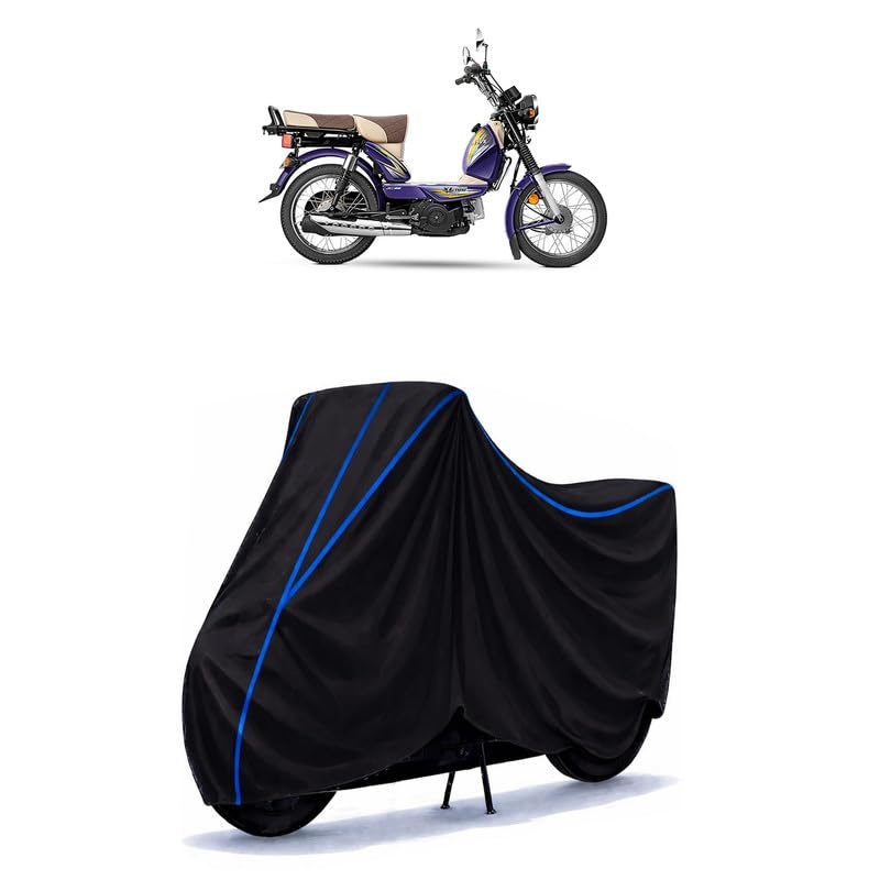 Image of TVS XL100 Comfort i-Touch Start Bike Cover Water Resistant Universal Motorcycle Rain | Heavy Duty UV Protection, Dust, Scratch Indoor Outdoor All Weather with Black Blue Piping Elastic