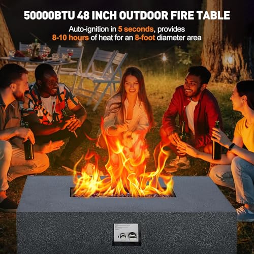 48" Outdoor Fire Table, 48 inch Rectangle Propane Gas Fire Pit Table, 50,000 BTU Modern Firepit with 16 inch Tank Cover Side Table, Wind Guard, Fire Glass, Rain Cover