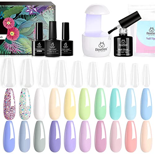 Beetles Nail Tips and Glue Gel UV LED Lamp Kit with 23 Pcs Gel Nail Polish Kit, with Glossy & Matte Top Coat and Base Coat - Pastel Paradise Girly Colors Collection