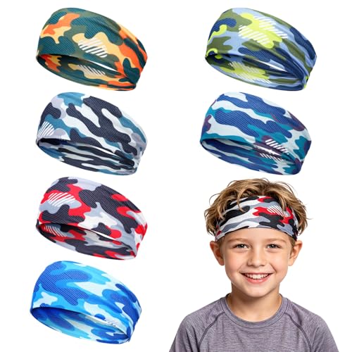6Pcs Breathable Kids Sweat Bands for Ages 4~10 Boys Girls - Wicking Head Bands Sports Accessories Gifts for Football Soccer Basketball Baseball Running Cycling Camo