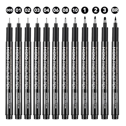 Thboxes Black Fineliner Pens 12 Pack Micro Tip Drawing Pens