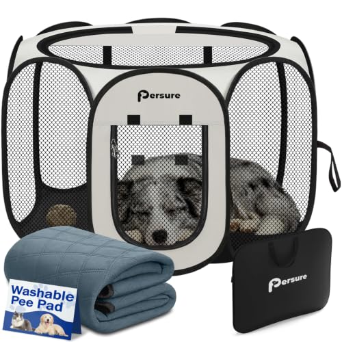 Image of Dog Cat Playpen Indoor Outdoor for Puppy Pet Dog Cat Recovery After Surgery | Dog Tent Crates Cage Indoor /Outdoor, Portable Pop Up Kennel with Carrying Case for Travel (White with Pad, Large)