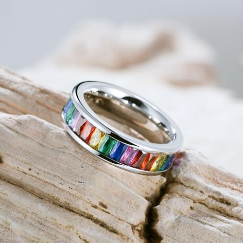 King Will 6mm Women Eternity Rings Colorful CZ Stackable Bands Polished Stainless Steel Anniversary Band Pipe Cut Engagement Ring Durable Comfort Fit Size 6-102