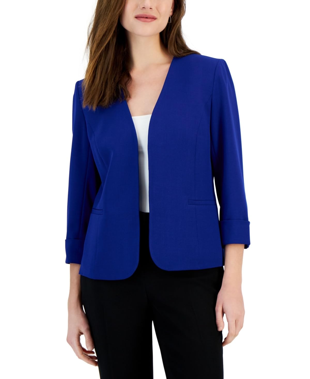 Kasper Womens Womens Stretch Crepe Blazer Cardigan-Style with Rolled Cuff Sleeves