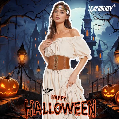LEACOOLKEY Women's Wide Corset Belt - Vintage Elastic Waist Lace-up Tied Waspie for Dresses and Halloween Costume4